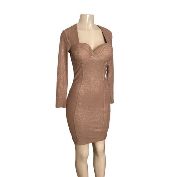 Entry Beige Nude Bodycon Long Sleeve Dress with Gold Shimmer - Picture 1 of 12
